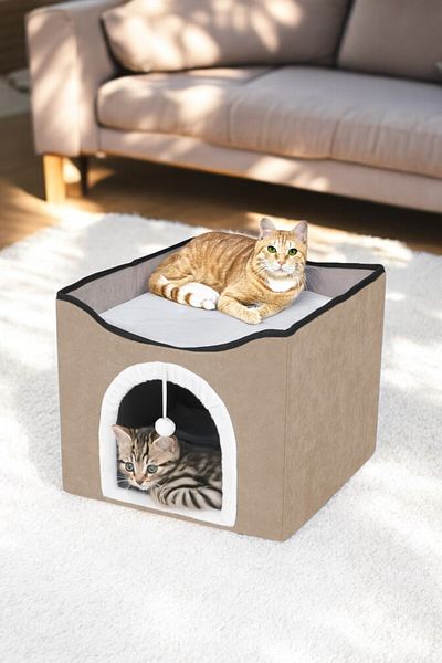 TİNEKE Cute Folding Multifunctional Cat Bed with Condom - Brown