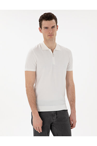 Pierre Cardin تي شيرت تريكو بياقة بولو وسحاب مقاس نحيف إكرو 50305984-VR019