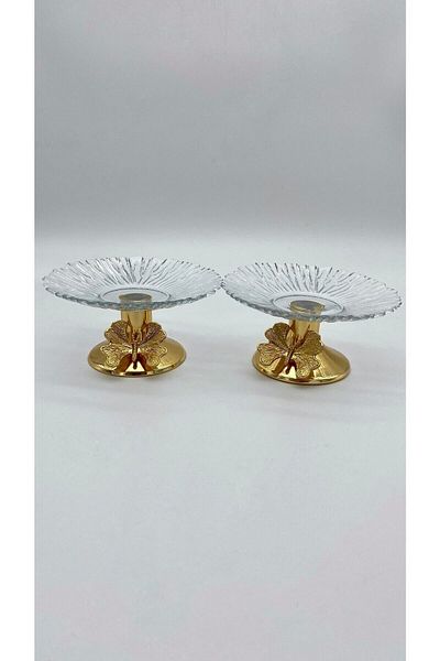 Fiyakalı Ürünler Atölyesi Set of 2 13cm Gold Butterfly Detailed Metal Leg Glass Turkish Delight Bowl, Presentation Bowl, Sugar Bowl, Snack Bowl