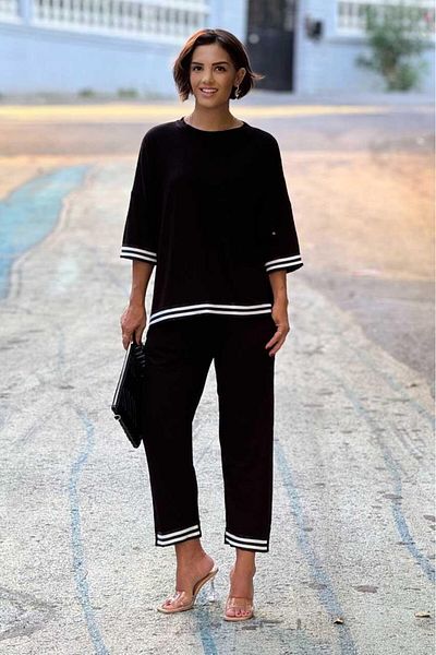 Nevin Kaya Moda Μαύρη γραμμή γαρνιρισμένη μπλούζα παντελόνι Σετ διπλό