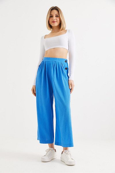 CALİENTE Loose Cut Linen Trousers with Buttons on the Sides Blue