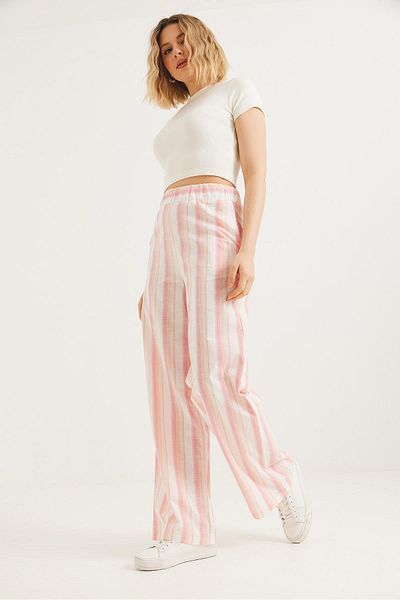 CALİENTE Comfortable Cut Linen Trousers with Elastic Waist Pink