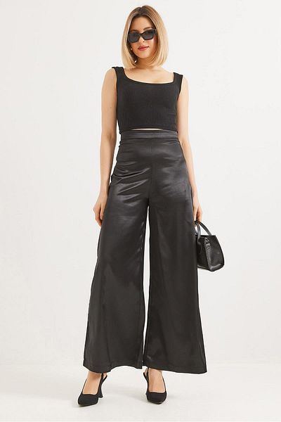 CALİENTE Women's Wide Leg Satin Trousers Black