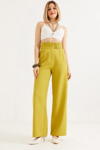 CALİENTE Yüksek Bel  Kemerli Bol Paça Pantolon Yeşil