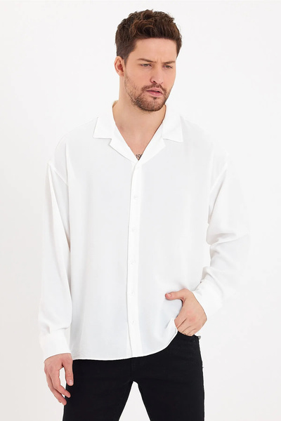 NO1 KONSEPT Λευκό Loose Fit Aerobin με υφή μακρυμάνικο ανδρικό πουκάμισο