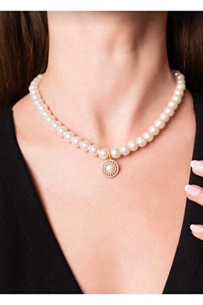 Ayenci قلادة نسائية من لؤلؤ المياه العذبة الحقيقي مع تصميم الماس