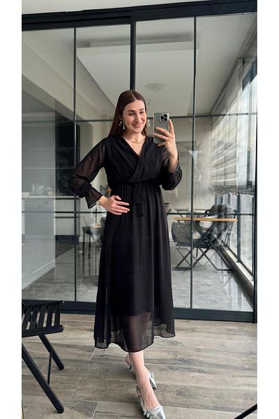 KASİDE Μαύρο φόρεμα σιφόν με διπλό στήθος με ζώνη μίντι