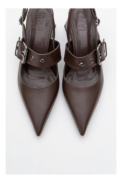 LuviShoes Дамски обувки с остър връх с отворен гръб и дебел ток NEPIDO Brown Skin