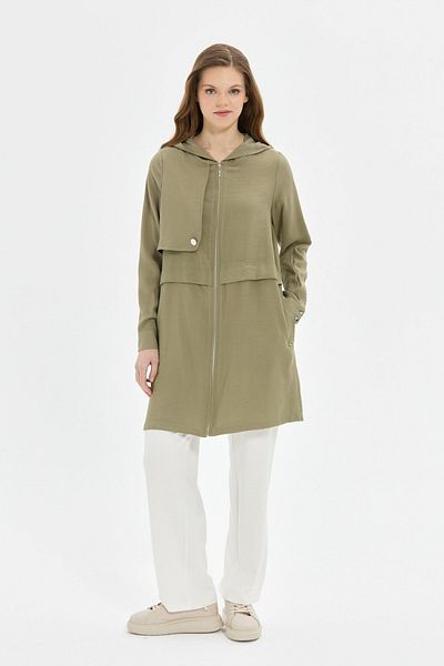 Esswaap Aller Detailed Hooded Zipper Closure Wear Out Tunic Khaki