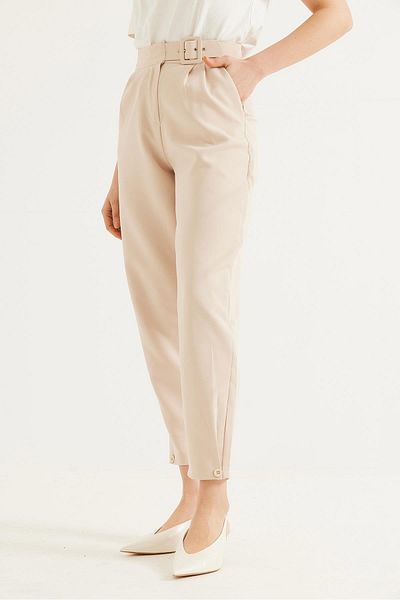 CALİENTE High Waist Belted Fabric Trousers Cream