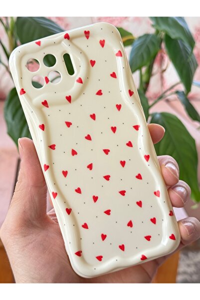 Fibaks Reno 4 Lite Case with Camera Protection Wave Edge Red Heart Pattern Silicone Cover