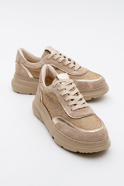 LuviShoes Γυναικεία αθλητικά παπούτσια PABLO Beige Suede Gold Stone Γνήσιο δέρμα με χοντρή σόλα