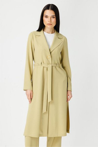 Esswaap Pistachio Green Crepe Long Jacket - Drawstring Detail