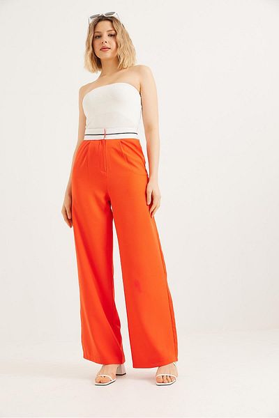 CALİENTE Wide Leg Trousers with Striped Waist Orange