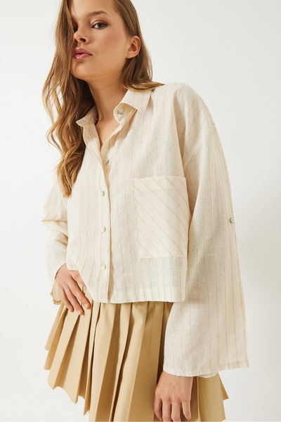 Bianco Lucci Kadın İnce Çizgili Crop Keten Gömlek 2016 60283008