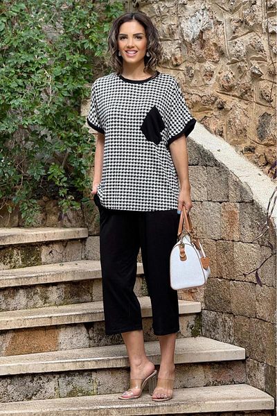 Nevin Kaya Moda Set Capri din bumbac cu model negru