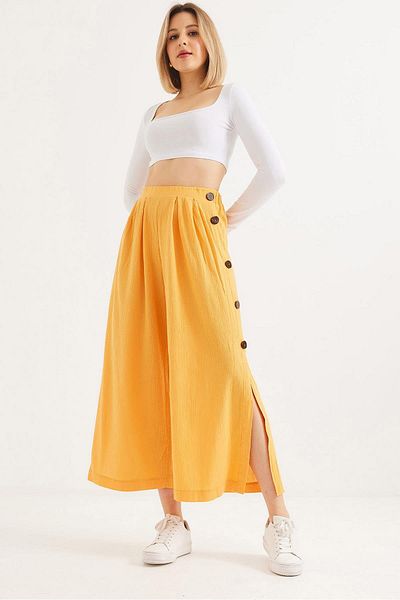 CALİENTE Loose Cut Linen Trousers with Buttons on the Sides Mustard