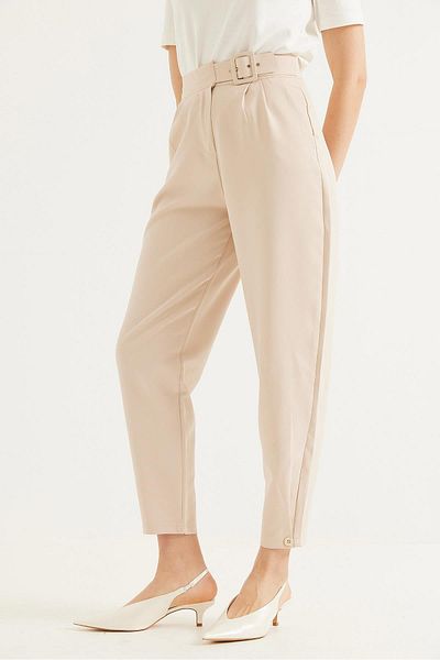 CALİENTE High Waist Belted Fabric Trousers Cream