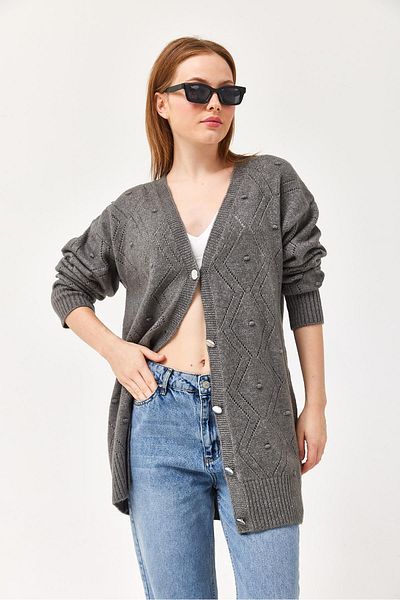 CALİENTE Openwork Metal Buttoned Knitwear Cardigan Smoked