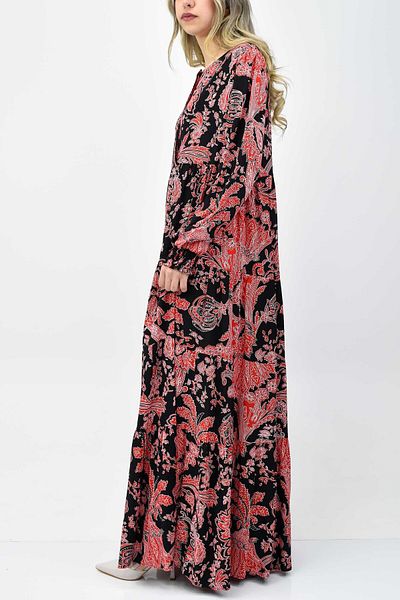 birizmoda Patterned Hijab Dress with Elastic Sleeves and Ruffle Detail - Red
