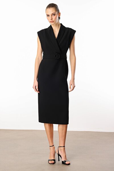 Moda İlgi Modailgi Kol Ağzı Boncuk Aksesuar Detaylı Elbise Siyah