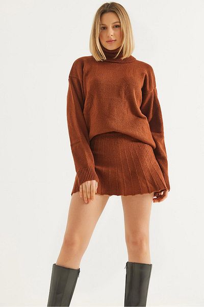 CALİENTE Turtleneck Skirted Knitwear Bottom Top Set Brown