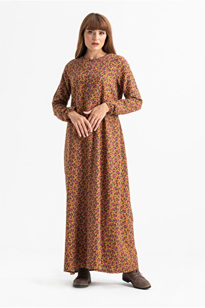 Eliş Şile Bezi Uzun Kol Pazen Nurcan Uzun Sonbahar ve Kışlık Elbise Hardal Hrd