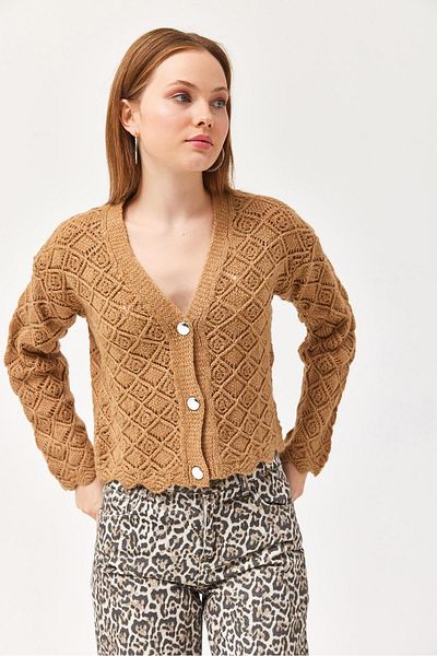 CALİENTE Balloon Sleeve Knitted Patterned Crop Knitwear Cardigan Mink