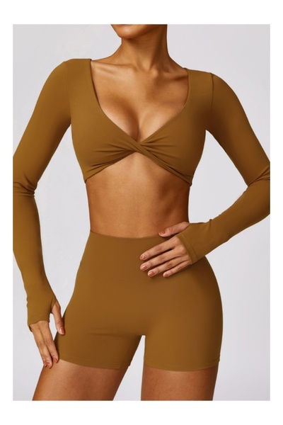 KAWN YOGA قميص نسائي قصير بأكمام طويلة - قميص يوغا مبطن للتمرين منخفض التأثير