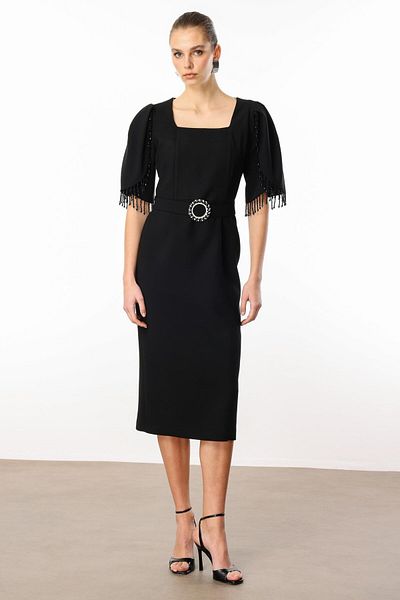 Moda İlgi Black Modailgi - Sleeves Stripe Bead Accessory Dress