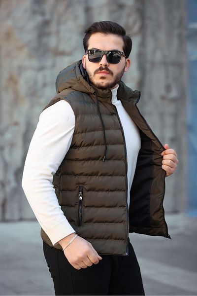 Mero Life Men's Khaki Standard Fit Detachable Hooded Pocket Zippered Puffer Vest