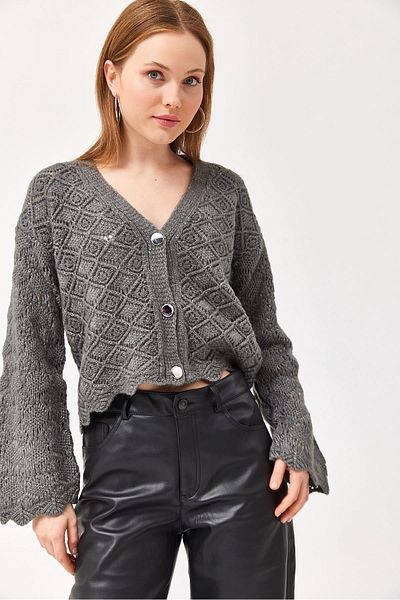 CALİENTE Balloon Sleeve Knitted Patterned Crop Knitwear Cardigan Smoked