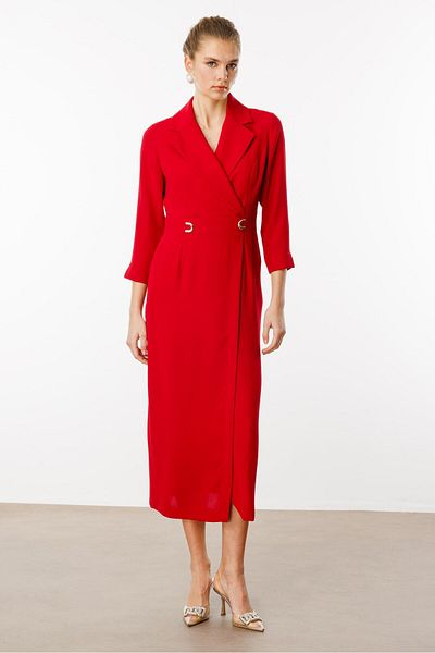 Moda İlgi Red Double Breasted Dress with Pockets - Waist Accessory Modailgi