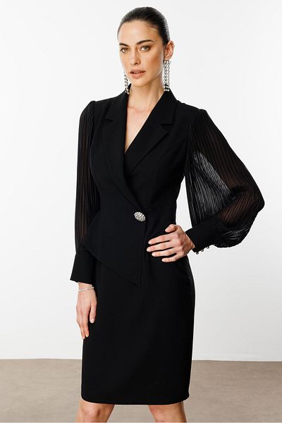 Moda İlgi Modailgi Sleeves Pleated Double Breasted Midi Dress Black