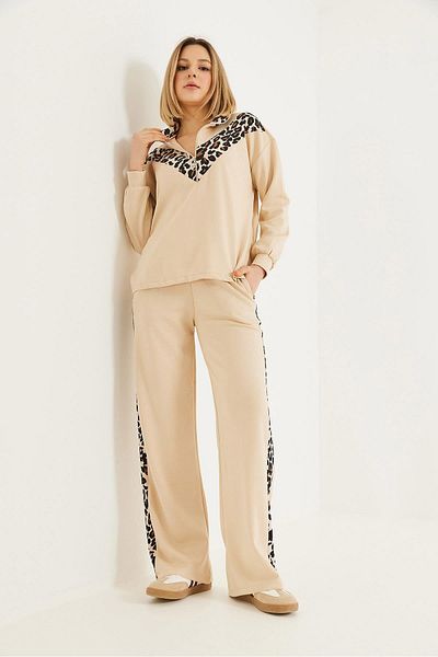 CALİENTE Leopard Garnished Hooded Double Suit Beige