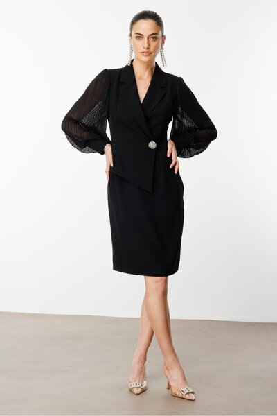 Moda İlgi Modailgi  Kolları Piliseli Kruvaze Kapamalı Midi Boy Elbise Siyah