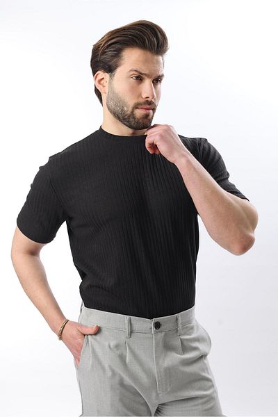Madmext Black Textured Line Design Crew Neck Men's T-Shirt E7122