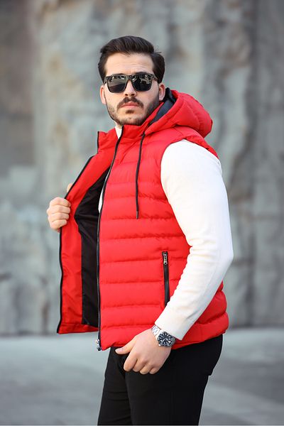 Mero Life Men's Red Standard Fit Detachable Hooded Pocket Zippered Puffer Vest