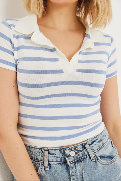 CALİENTE Polo Neck Striped Crop Blouse Blue
