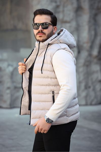 Mero Life Men's Beige Standard Fit Detachable Hooded Zippered Puffer Vest with Pockets