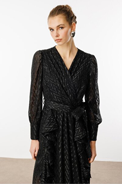 Moda İlgi Modailgi  Çift Volanlı Simli Zikzak Desenli Kruvaze Elbise Siyah