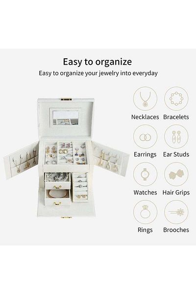 COOYA Jewelry Box Organizer for Girls Women, Large Storage Box with Mirror and Drawers for Bracelets White