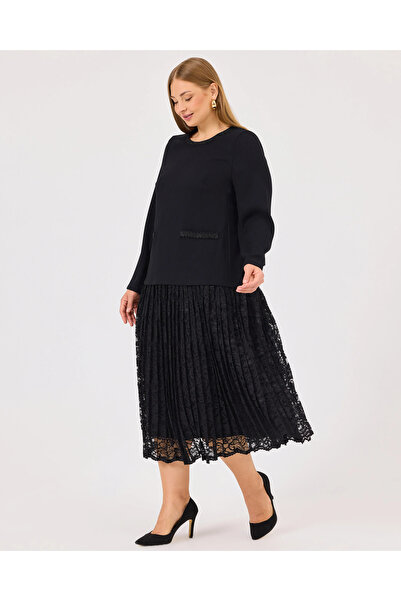 Gala-Xi Büyük Beden Pliseli Dantel Elbise Takım