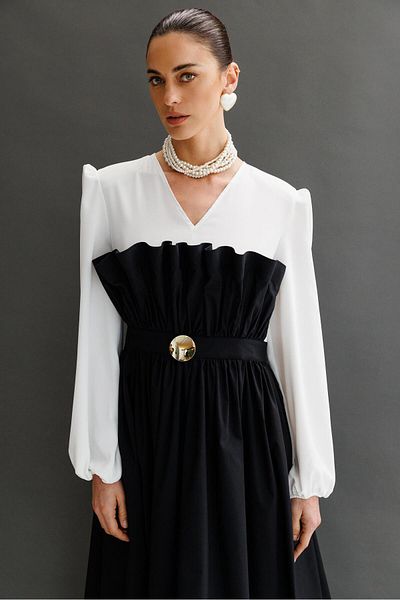 Moda İlgi فستان بإبزيم معدني بحزام - قماش كوتون مزين برباط منتفخ إكرو