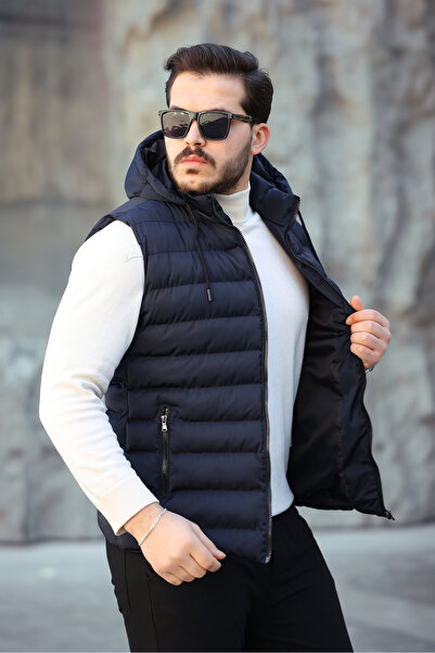 Mero Life Чоловічий синій стандартний крій знімний капюшон з кишенями на блискавці надувний жилет