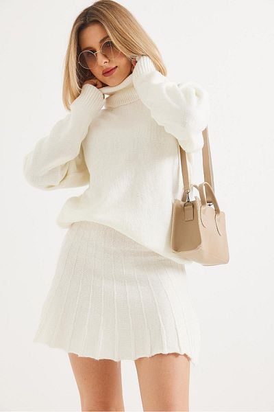 CALİENTE Turtleneck Skirted Knitwear Bottom Top Set White