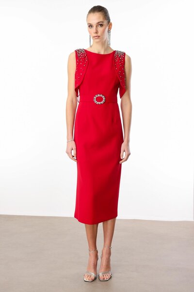 Moda İlgi Modailgi  Omuzları İnci Detaylı Elbise Kırmızı