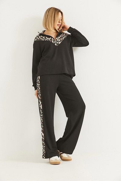 CALİENTE Leopard Garnished Hooded Double Suit Black