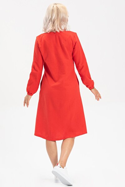 Eliş Şile Bezi Long Sleeve Magnolia Flannel Short Autumn and Winter Dress Red Krmz