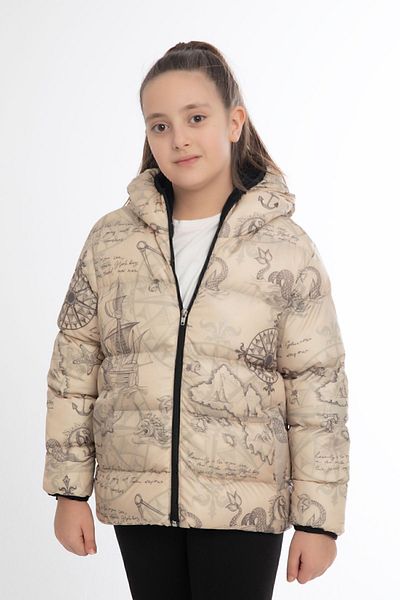 freemen Sports Girl Sports Children Beige Compass Pattern Fleece Water and Windproof Hooded Coat with Pockets